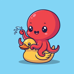 Cute Cartoon Octopus Sitting on Rubber Duck Vector Illustration
