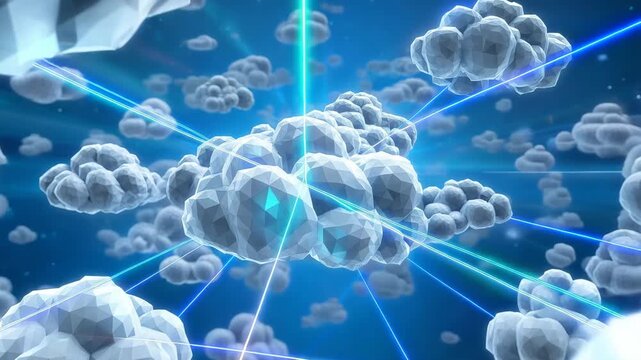 Digital cloud computing concept with low-poly mesh clouds connecting via laser beams