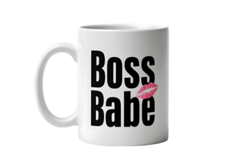 White ceramic boss babe mug with pink kiss mark 
