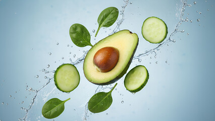 Fresh hydration burst with avocado, cucumber and spinach floating in water splash for wellness nutrition and organic food advertising background concept