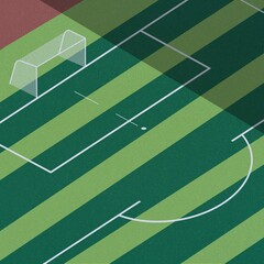 An abstract illustration of a soccer field viewed from above, featuring green striped grass, white field markings, a goal area, and a center arc. The geometric style gives a modern, sporty visual feel © payut