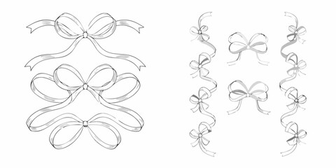 Elegant collection of hand drawn ribbon bows in a simple black and white style