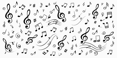 An elegant pattern of musical notes and symbols on a white background