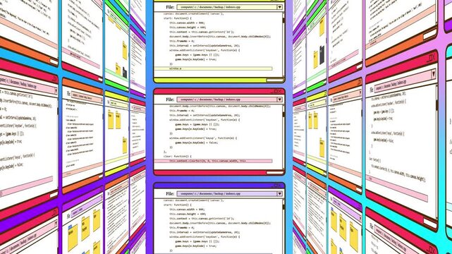Long 3d animation with concept of old computer graphics. Coding windows and folder files in vintage classic style
