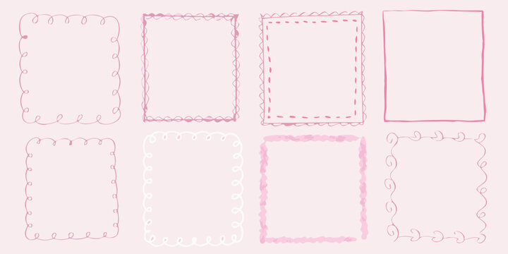 Collection of hand drawn pink frames and borders on a light pink background