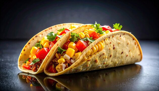 Two fully-loaded tacos, overflowing with fresh ingredients, dark backdrop