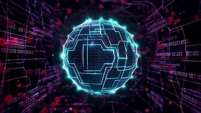 Digital cybersecurity concept showing a glowing shield deflecting red computer virus particles