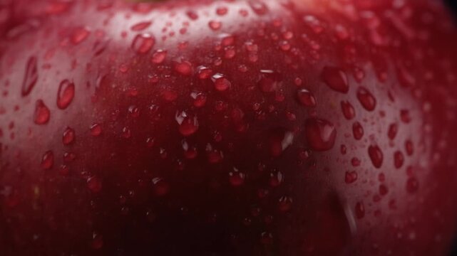 Close-up shot of a fresh, red apple with water droplets on its skin, showcasing its texture and vibrant color against a dark background.