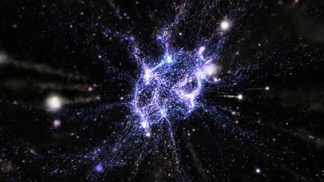 Abstract futuristic video of cosmic energy particles moving through deep space. Visual concept of universe, quantum energy, science fiction, cosmic explosion, technology, and futuristic data flow. Ide