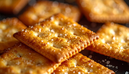 Crackers with visible salt crystals macro-style food shot