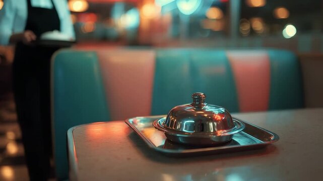 Vintage diner table with covered dish on silver tray