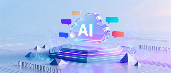 AI cloud with glowing speech bubbles and binary code