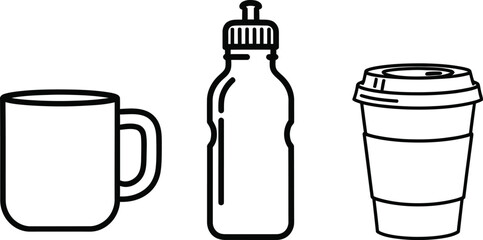 Three isolated beverage containers on transparent background including a mug water bottle and coffee cup