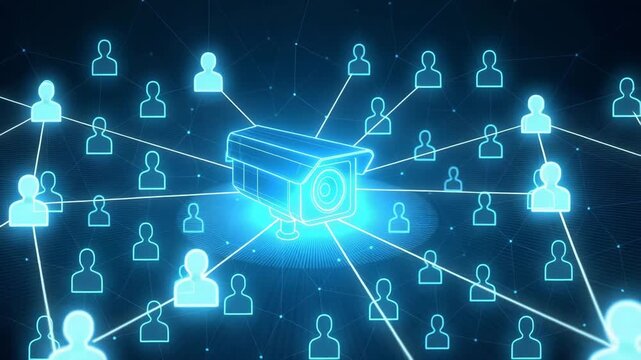 Glowing blue security camera with people icons in background