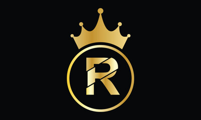 abstract creative golden gradient crown R letter logo.