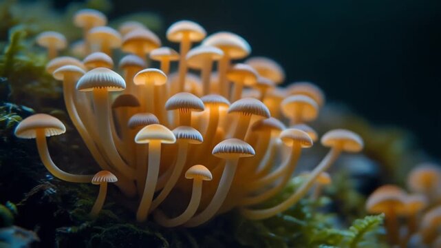 Aesthetic close-up of a fungal colony glowing under soft ambient light footage