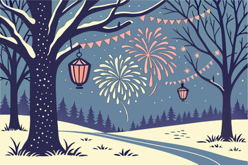 Winter Night Forest Vector with Heart Lanterns and Fireworks