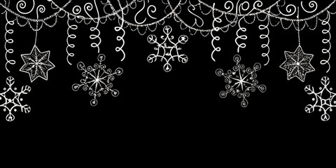 Delicate black and white illustration of hanging snowflakes and sparkling stars