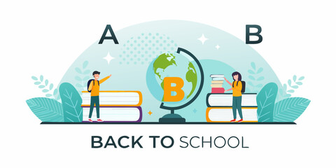 Students with globe and books illustrate the concept of back to school learning