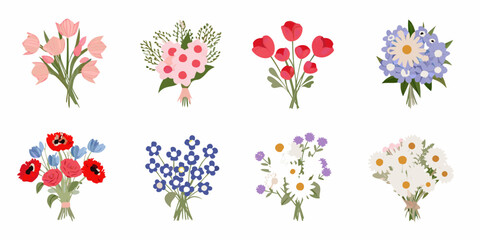 Collection of colorful illustrated floral bouquets with various blossoms and stems
