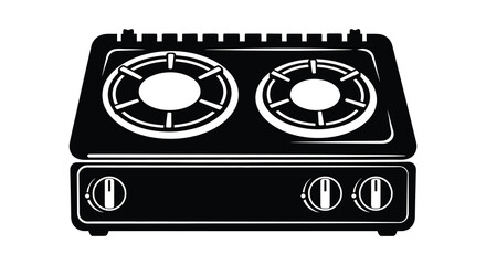 black and white illustration of a vintage gas stove with burners and knobs silhouette