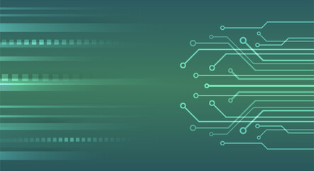 Abstract green technology background with flowing digital circuit lines, symbolizing data transfer, connectivity, innovation, and modern electronic systems.