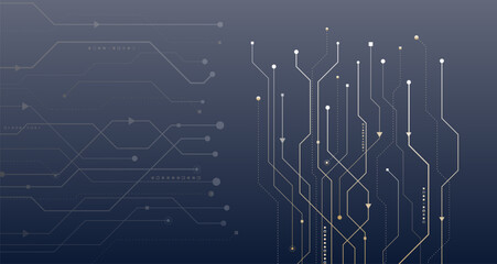Abstract technology background with elegant circuit lines and nodes on a dark gradient, symbolizing digital networks, data flow, innovation, and modern electronics.