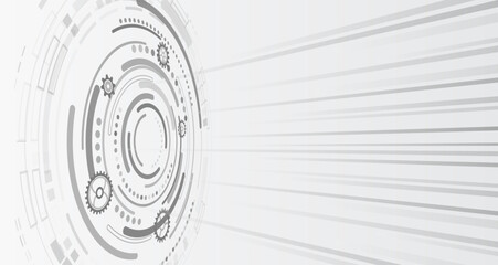 Minimalistic futuristic technology background with abstract circular interface, gears, and flowing lines, symbolizing digital systems, innovation, automation, and high-tech processes.