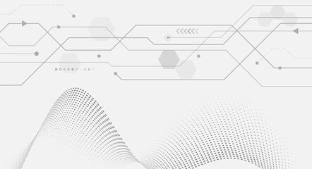 A clean futuristic background with thin circuit lines, hexagonal elements, and flowing dotted waves in soft gray tones, representing digital technology and data flow.