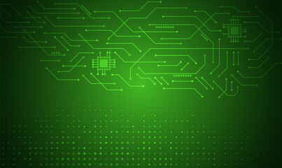 A green futuristic technology background with glowing circuit lines, microchip elements, and dotted patterns, representing digital networks, electronics, and modern computing systems.