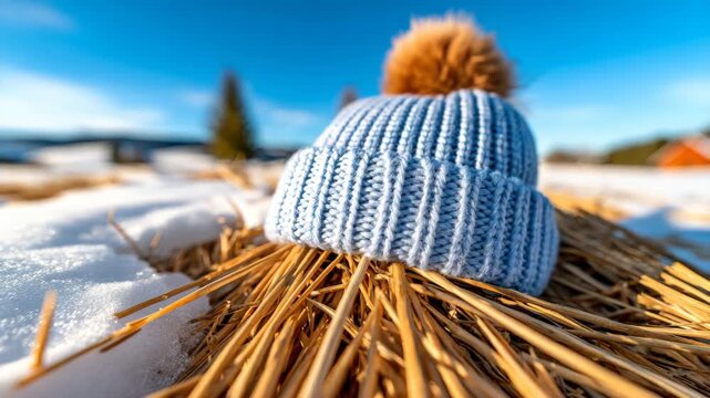 Knitted hat resting on straw covered in snow under clear blue sky on a sunny winter day