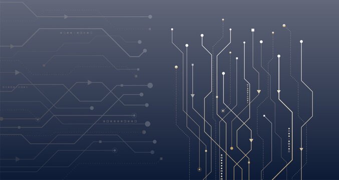 Abstract technology background with elegant circuit lines and nodes on a dark gradient, symbolizing digital networks, data flow, innovation, and modern electronics.