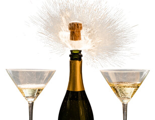 Champagne bottle exploding with cork and sparkles, two filled flute glasses in foreground. Festive celebration scene. Isolated PNG image on transparent background.