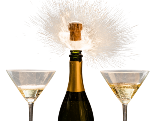 Champagne bottle exploding with cork and sparkles, two filled flute glasses in foreground. Festive celebration scene. Isolated PNG image on transparent background.