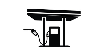 A simple black and white illustration depicting a gas station with a distinct silhouette