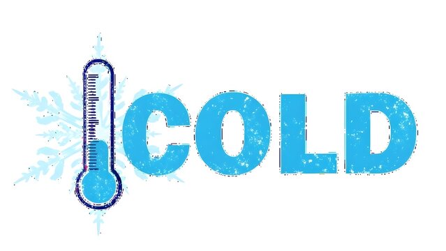 A blue thermometer with snowflakes next to the word cold on a white background
