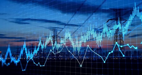 Digital Financial Graphs Over Energy Pylons and City at Dusk - Powered by Adobe