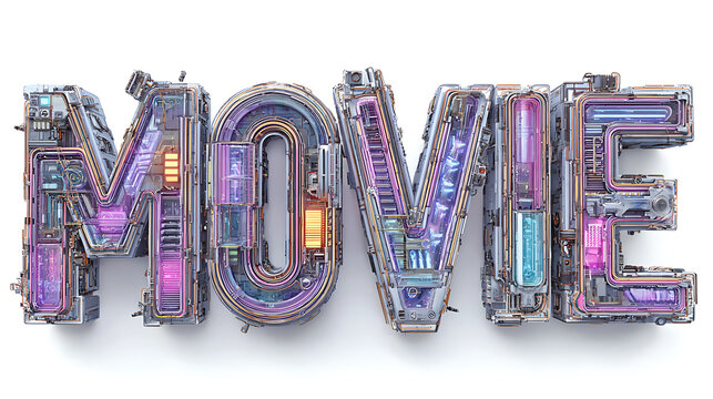 AI tech cyberpunk MOVIE text 3D futuristic design, on a white background surrounded by neon lights.
