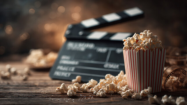 Close up cinematic shot of pop corn with bullry background of a film clipper.