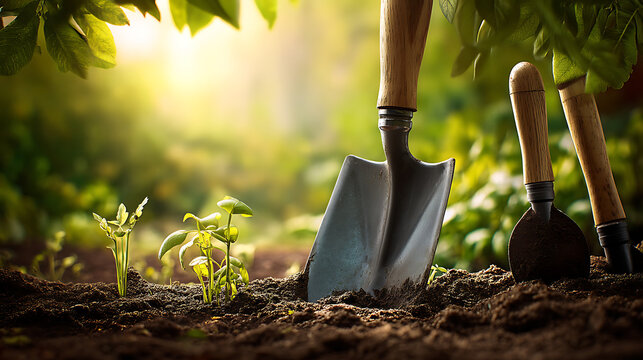 Close-up photo of a gardening shovel partially stuck in dark fertile soil, with young seedlings and sunlight filtering through leaves.