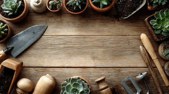 Light beech wood background, with gardening utensils around the edge of the frame.