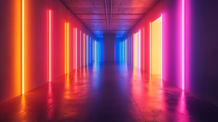 Long corridor illuminated by colorful neon lights in a modern architectural setting