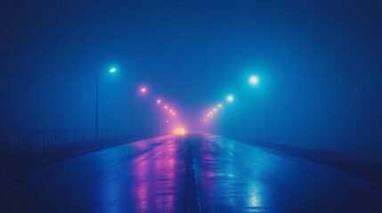 Street view with a bright light illuminating the end of the road at dusk or dawn