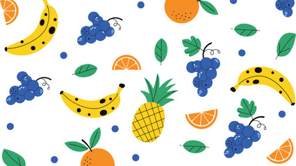 Seamless tropical fruit pattern with bananas grapes pineapple oranges leaves colorful summer food flat vector illustration © Sumon Creative