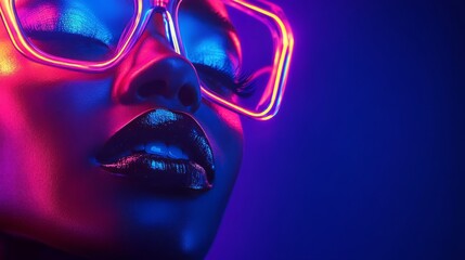 Woman wearing neon glasses with a bright colorful background in a creative setting