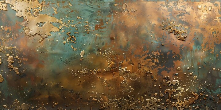 Abstract aged metal texture with gold accents and teal oxidation patterns