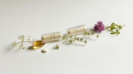 Bottle of pills next to a flower on a clean white surface for health and wellness concepts
