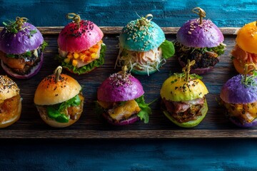 Wooden tray filled with a variety of colorful food items including fruits and vegetables