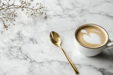 Cup of coffee with a spoon placed on a marble surface in a well-lit environment