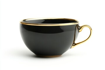 Black and gold coffee cup on a wooden surface with coffee inside